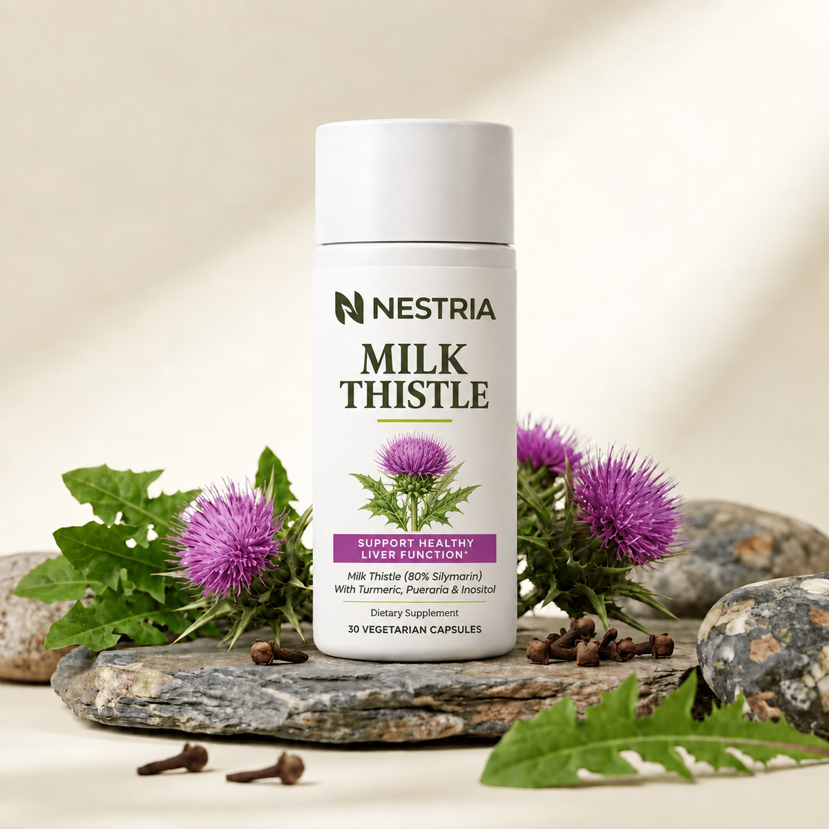 NESTRIA Milk Thistle bottle with a horizontal logo, dark olive lettering and purple botanical label, displayed among thistle flowers