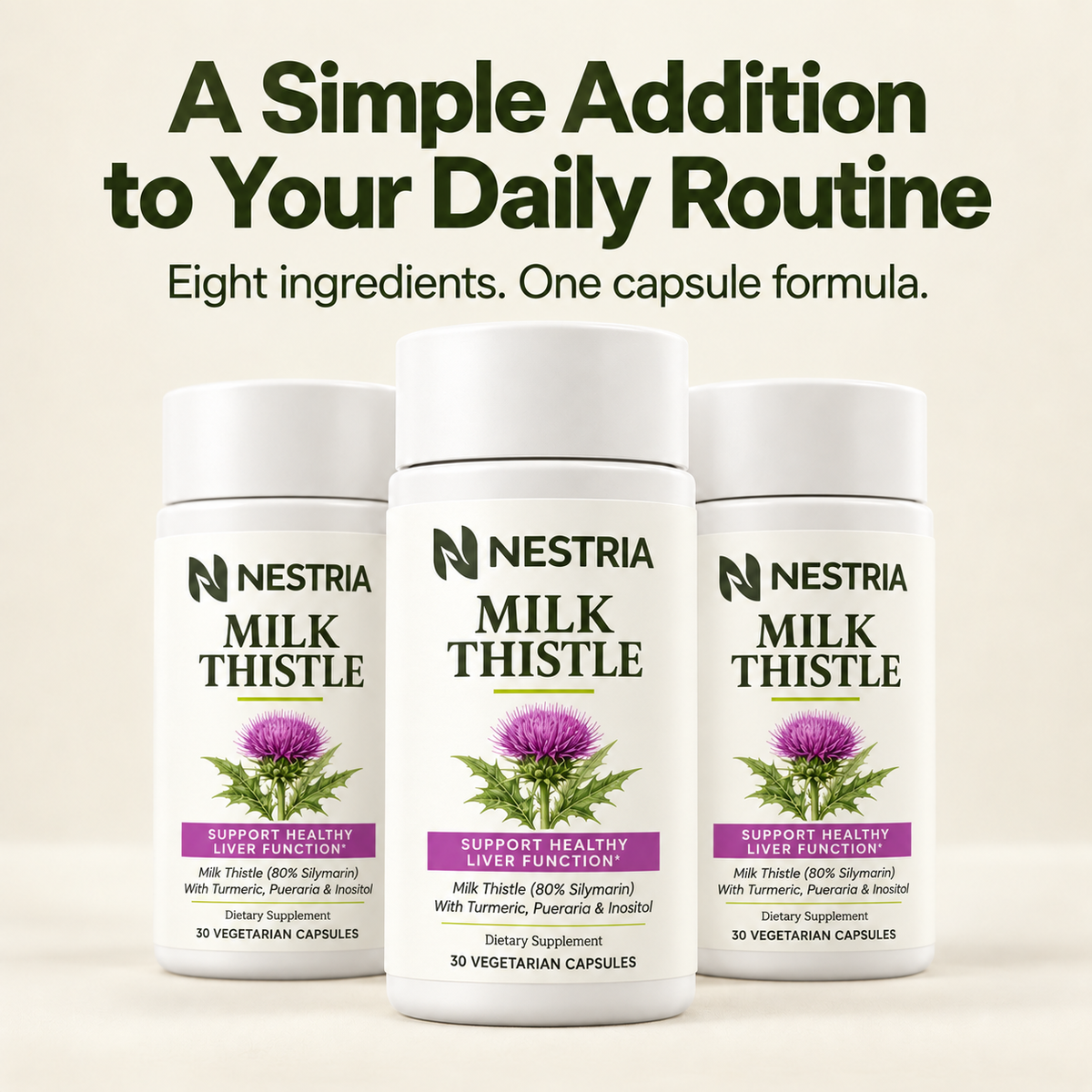 Three NESTRIA Milk Thistle Support bottles. Eight ingredients in one capsule formula.