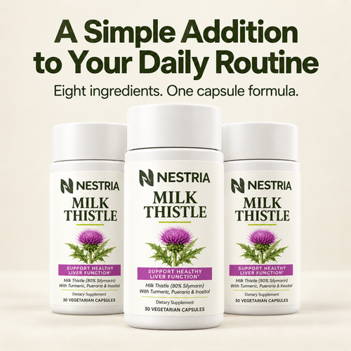 Three NESTRIA Milk Thistle Support bottles. Eight ingredients in one capsule formula.