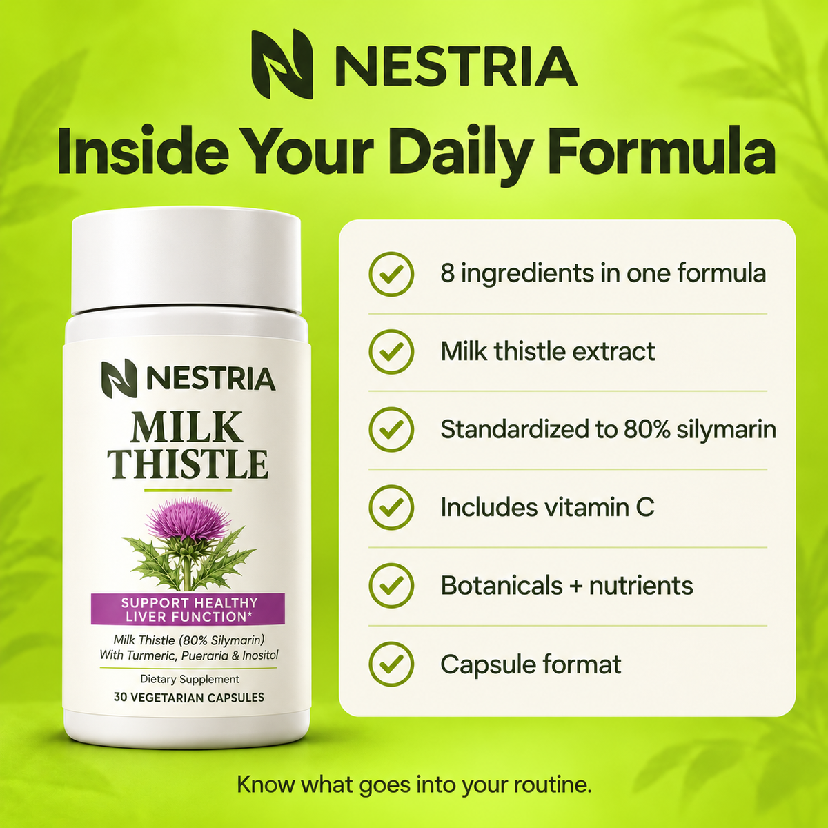 NESTRIA formula checklist: eight ingredients, milk thistle extract standardized to 80% silymarin, vitamin C, botanicals and nutrients, capsule format.