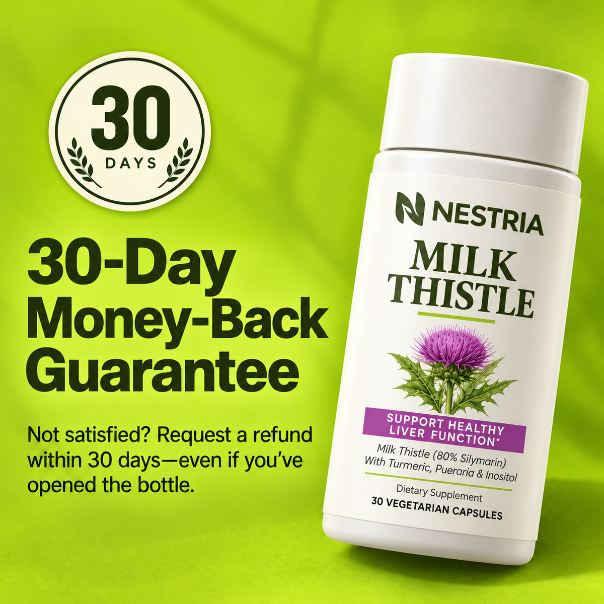 NESTRIA 30-day money-back guarantee. Refund requests include opened bottles.