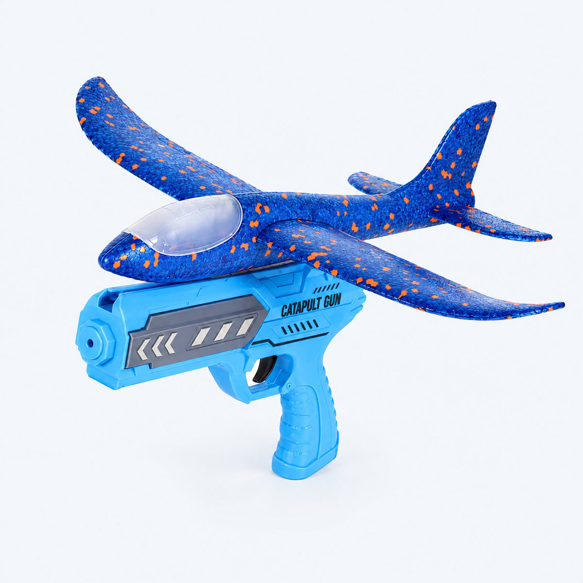 ORBITER blue foam glider and blue launcher — studio view